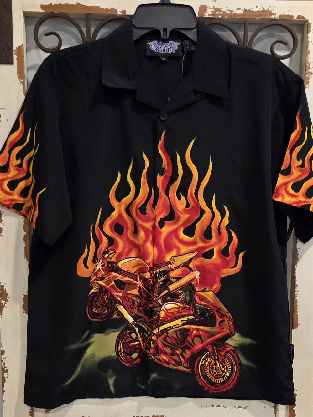 Silver Point Y2K Flame Motorcycle Button Up Shirt Mens L Black Biker Rockabilly